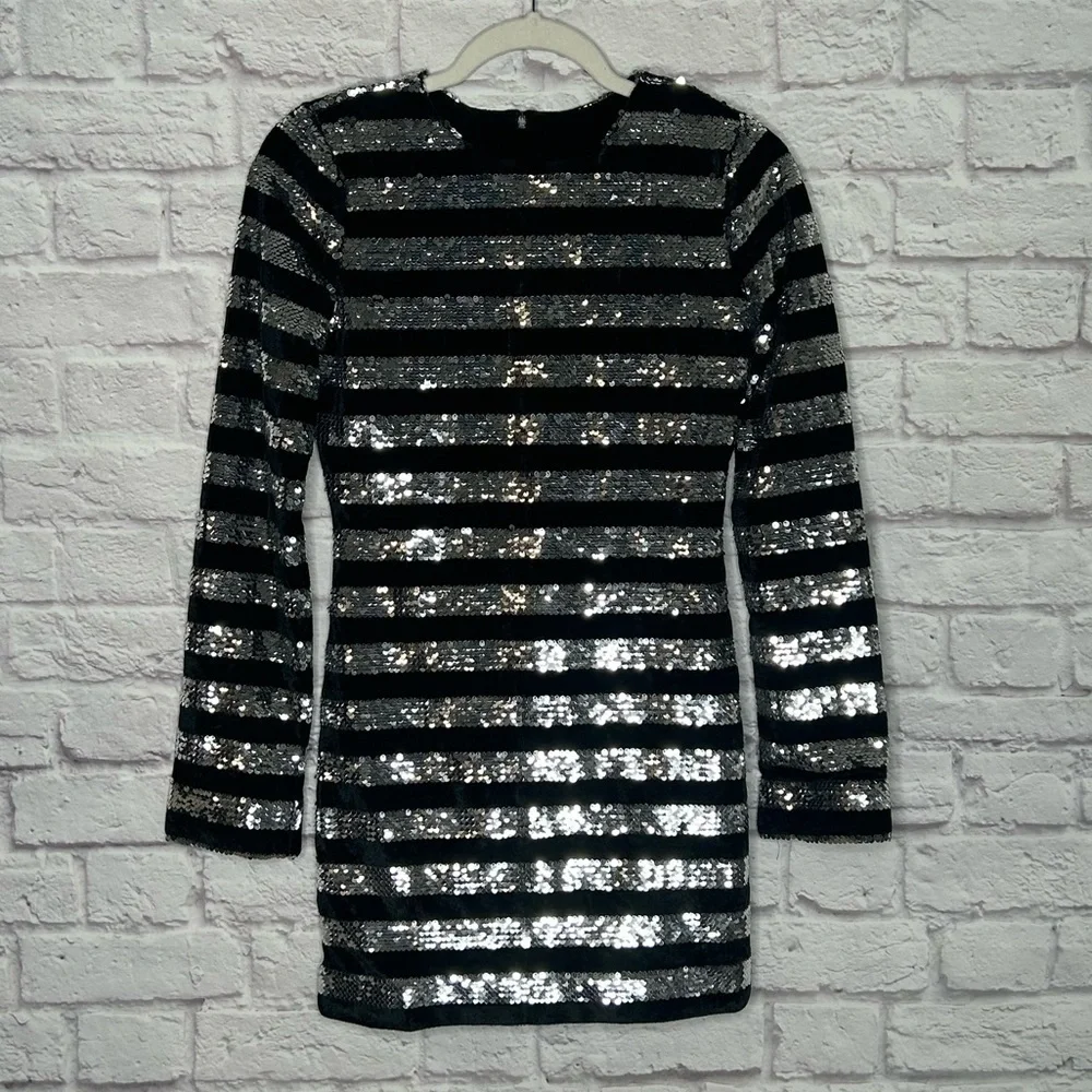 RtA Silver Sequin and Black Velvet Striped Lomg Sleeve Bodycon Mini Dress